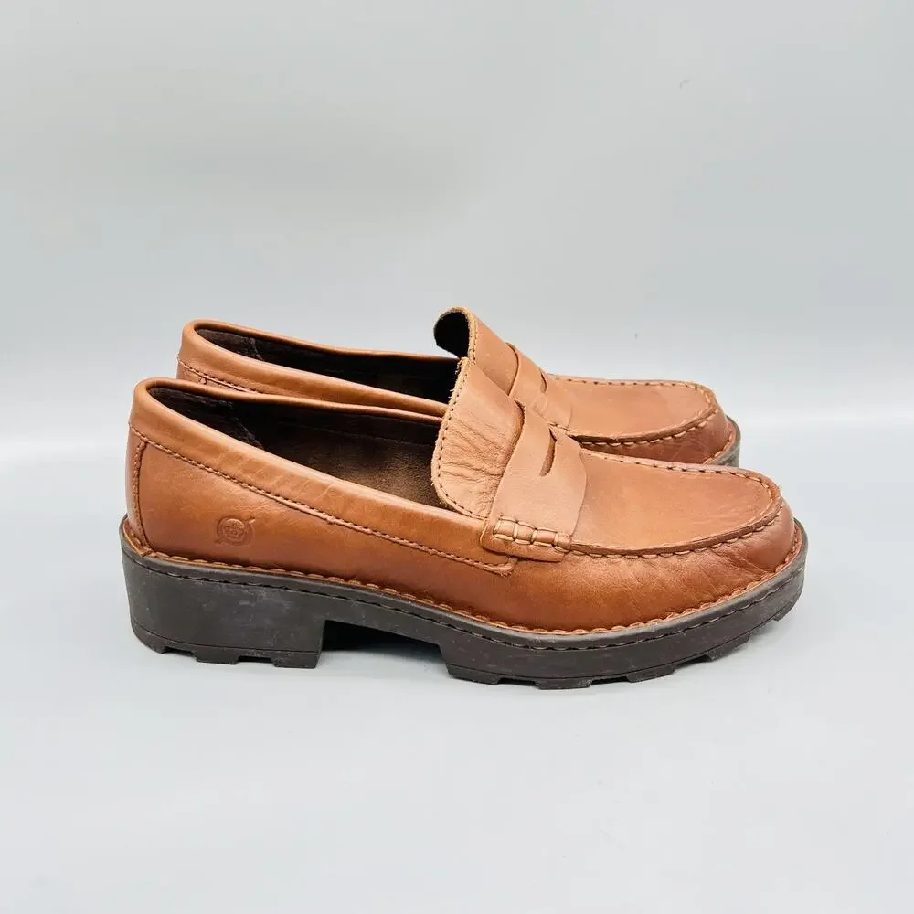 Born Shoes Women 8.5 Brown Leather Chunky Platform Penny Loafers Slip On Comfort